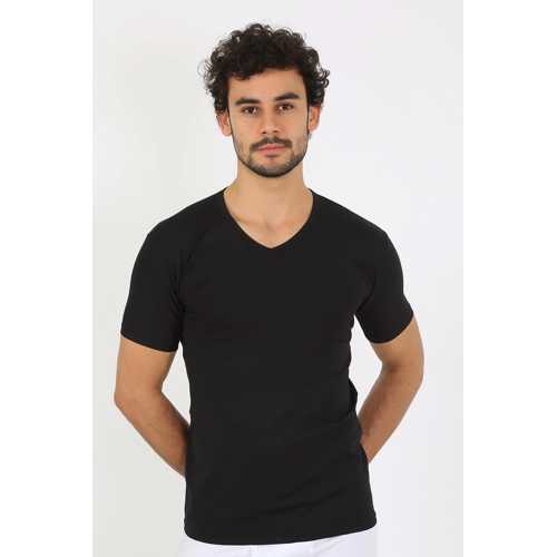 ERKEK LIKRALI V YAKA SIYAH T-SHIRT