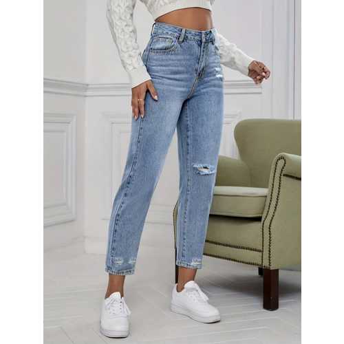 KADIN AÇIK MAVI YIRTIK MOM FIT KOT PANTOLON