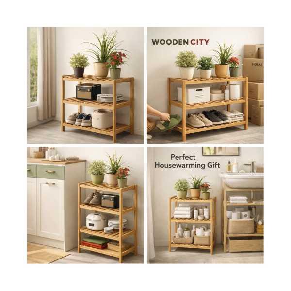 WOODEN CİTY 4 KATLI MASİF AHŞAP AYAKKABILIK AHŞAP AYAKKABI RAFI 60X60