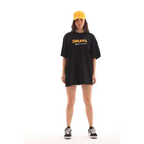 UNISEX BISIKLET YAKA BASKILI OVERSIZE T-SHIRT - SIYAH
