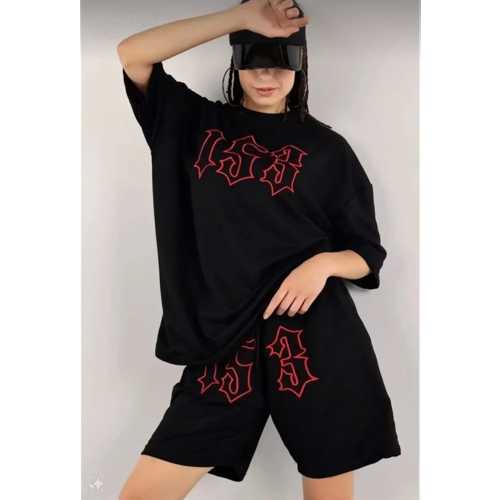 UNISEX NAKIŞ İŞLEMELI ŞORT TAKIM - SIYAH