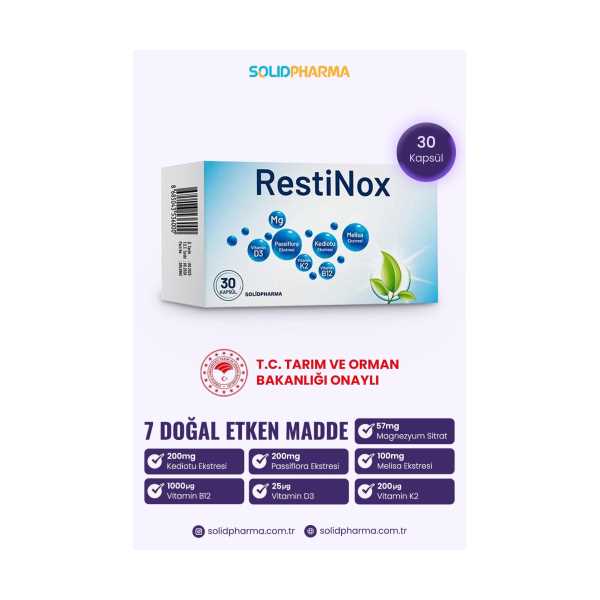 RESTİNOX 30 KAPSÜL | DOĞAL UYKU DESTEĞİ | VALERİAN(KEDİOTU) PASSİFLORA MELİSA B12 D3 K2 |